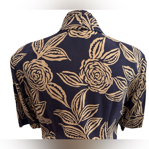 80s 2PC DANA BUCHMAN SILK NAVY & TAN FLORAL FITTED LUXURY TOP & WRAP MAXI SKIRT - Picture 8 of 14